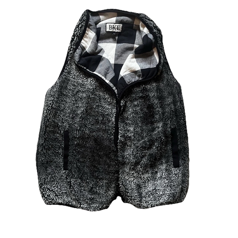 BKE Women's Sherpa‎ Fleece Vest Black White Buffalo Plaid Lined Zip Up Size M